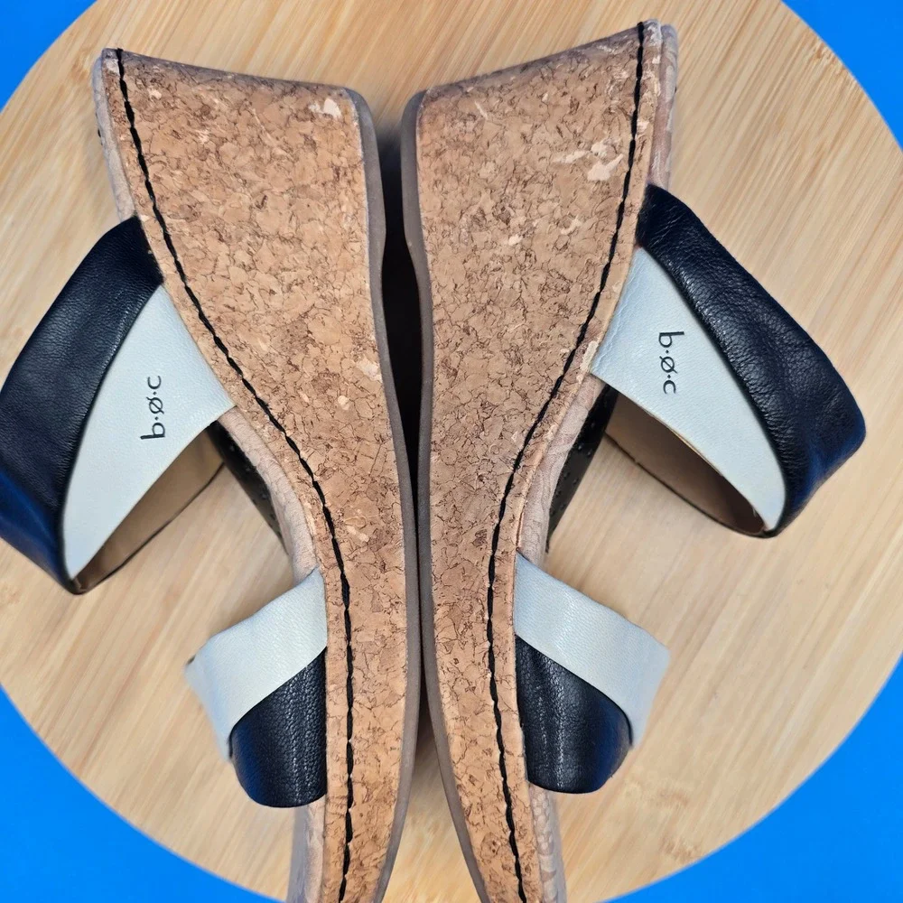 B.O.C. Born Concept Leather Wedge Sandals Black Cream‎ Cork Size 9 C57011